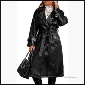 Faux Leather Trench Coat Plus Size Motorcycle Jacket Belted Overcoat